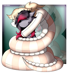 Size: 1669x1791 | Tagged: safe, artist:thebenalpha, imported from derpibooru, oc, oc only, oc:madelinne, oc:peach "cassiopeia" blossom, earth pony, lamia, original species, pony, coiling, coils, duo, eyes closed, hug, plushie