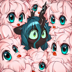 Size: 1920x1920 | Tagged: safe, artist:minekoo2, imported from derpibooru, queen chrysalis, oc, oc:fluffle puff, changeling, changeling queen, earth pony, pony, canon x oc, female, mare, multeity, tongue out