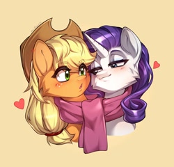 Size: 2048x1970 | Tagged: safe, artist:minekoo2, imported from derpibooru, applejack, rarity, earth pony, unicorn, clothes, duo, duo female, female, freckles, hat, heart, horn, lesbian, mare, scarf, shared clothing, shared scarf