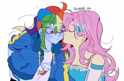 Size: 2300x1500 | Tagged: safe, artist:pelma, imported from derpibooru, fluttershy, rainbow dash, human, equestria girls, blushing, cheek kiss, clothes, dress, duo, duo female, female, flutterdash, jacket, kissing, lesbian, shipping, simple background, surprise kiss, white background