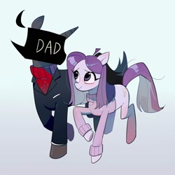 Size: 2000x2000 | Tagged: safe, artist:pelma, imported from derpibooru, earth pony, pony, unicorn, clothes, duo, female, gradient background, horn, lila (spooky month), male, mare, ponified, spooky month, stallion, sweater