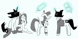Size: 2000x1000 | Tagged: safe, artist:pelma, imported from derpibooru, earth pony, pony, unicorn, clothes, cross-popping veins, dress, duo, duo male and female, emanata, female, horn, lila (spooky month), magic, male, mare, milk carton, mouth hold, ponified, ruler, simple background, sitting, spooky month, stallion, sweater, telekinesis, white background