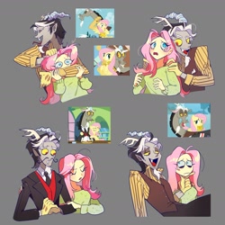 Size: 2200x2200 | Tagged: safe, artist:pelma, imported from derpibooru, discord, fluttershy, draconequus, human, pegasus, pony, clothes, duo, duo male and female, elf ears, facial hair, female, gloves, goatee, gray background, hand on chin, headlock, holding a pony, horn, horned humanization, humanized, long tongue, male, mare, moustache, necktie, noogie, scene interpretation, screencap reference, shipping fuel, simple background, snaggletooth, suit, tongue out, waistcoat