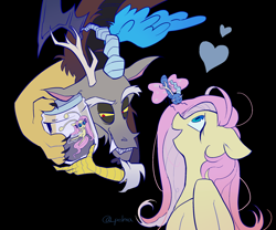 Size: 2400x2000 | Tagged: safe, artist:pelma, imported from derpibooru, discord, fluttershy, breezie, draconequus, pegasus, pony, black background, breeziefied, discoshy, duo, duo male and female, female, floating heart, flutterbreez, heart, jar, male, mare, shipping, simple background, snaggletooth, species swap, straight
