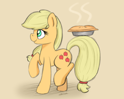 Size: 2500x2000 | Tagged: safe, artist:bazza, derpibooru exclusive, imported from derpibooru, applejack, earth pony, pony, apple, apple pie, applebetes, cute, female, food, happy, hatless, holding, mare, missing accessory, paint tool sai, pie, pie tin, prehensile tail, raised hoof, signature, simple background, simple shading, smiling, steam, tail, tail hold, walking