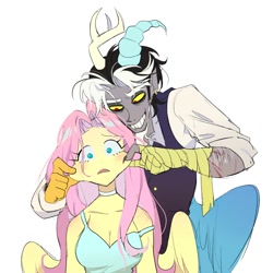 Size: 2000x2000 | Tagged: safe, artist:pelma, imported from derpibooru, discord, fluttershy, human, bandage, blushing, breasts, busty fluttershy, cheek pinch, choker, cleavage, clothes, dress, duo, duo male and female, ear piercing, earring, elf ears, female, grin, horn, horned humanization, humanized, jewelry, male, piercing, pulling, scar, simple background, smiling, strap slip, trollcord, waistcoat, white background, winged humanization, wings