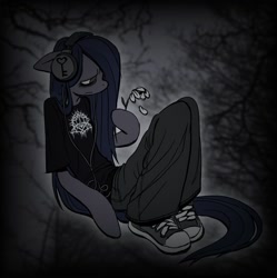 Size: 970x973 | Tagged: safe, artist:hellworldnohope, imported from derpibooru, oc, oc only, oc:minkie pie, anthro, earth pony, unguligrade anthro, clothes, female, flower, headphones, sad, shirt, solo, t-shirt