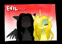 Size: 506x359 | Tagged: safe, artist:hellworldnohope, imported from derpibooru, oc, oc only, pegasus, pony, unicorn, abstract background, duo, duo female, evil, female, horn, mare, red eyes
