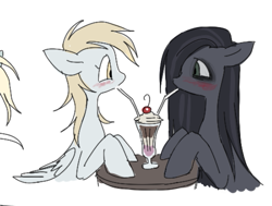 Size: 553x418 | Tagged: safe, artist:hellworldnohope, imported from derpibooru, derpy hooves, oc, oc:minkie pie, earth pony, pegasus, pony, blushing, drink, duo, duo female, female, looking at each other, looking at someone, mare, milkshake, simple background, white background