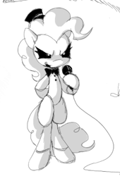 Size: 325x478 | Tagged: safe, artist:hellworldnohope, imported from derpibooru, pinkie pie, earth pony, pony, bipedal, black and white, black sclera, bowtie, female, grayscale, hat, hoof hold, mare, microphone, monochrome, sketch, solo, top hat