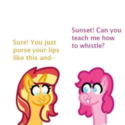 Size: 1000x1000 | Tagged: safe, artist:zoeyhorse, imported from derpibooru, pinkie pie, sunset shimmer, earth pony, pony, unicorn, bust, dialogue, duo, duo female, female, horn, lesbian, mare, shipping, simple background, sunsetpie, white background