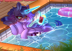 Size: 2500x1768 | Tagged: safe, artist:yuris, imported from derpibooru, princess luna, alicorn, pony, alcohol, bush, cocktail, drink, ears up, glass, glasses, lies, looking at you, magic, solo, swimming pool, telekinesis, umbrella, water