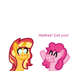 Size: 1000x1000 | Tagged: safe, artist:zoeyhorse, imported from derpibooru, pinkie pie, sunset shimmer, earth pony, pony, unicorn, blushing, dialogue, duo, duo female, female, horn, lesbian, mare, shipping, simple background, smiling, sunsetpie, surprised, white background