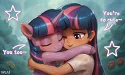 Size: 2560x1536 | Tagged: safe, imported from derpibooru, twilight sparkle, human, pony, unicorn, ai content, ai generated, dialogue, duo, duo female, eyes closed, female, generator:stable diffusion, hug, hugging a pony, human ponidox, humanized, one eye closed, open mouth, open smile, prompter:wiselynxai, self paradox, self ponidox, smiling, stars, unicorn twilight