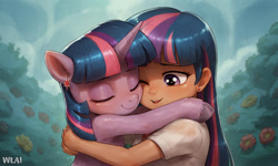 Size: 2560x1536 | Tagged: safe, alternate version, imported from derpibooru, twilight sparkle, human, pony, unicorn, ai content, ai generated, duo, duo female, eyes closed, female, generator:stable diffusion, hug, hugging a pony, human ponidox, humanized, one eye closed, open mouth, open smile, prompter:wiselynxai, self paradox, self ponidox, smiling, textless version, unicorn twilight