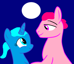 Size: 958x833 | Tagged: safe, artist:memeartboi, imported from derpibooru, oc, earth pony, pony, unicorn, buff, couple, date, date night, dating, earth, earth pony oc, family, father, female, female oc, happy, horn, husband and wife, looking at each other, looking at someone, male, male oc, mare, mare oc, moon, moonlight, mother, mother and father, muscles, nicole watterson, parent, parent oc, ponified, richard watterson, romance, romantic, stallion, stallion oc, the amazing world of gumball, unicorn oc