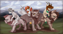 Size: 4428x2421 | Tagged: safe, artist:livingcolor1234, imported from derpibooru, oc, oc only, oc:king mirael, oc:king phoenix, oc:light knight, alicorn, cat, hybrid, manticore, pegasus, pony, alicorn oc, arrow, axe, bogatyr, bow (weapon), bow and arrow, commission, fine art parody, hoof shoes, horn, jewelry, male, medieval, peytral, polearm, poleaxe, ponies riding cats, regalia, riding, slavic, stallion, sword, weapon, wings