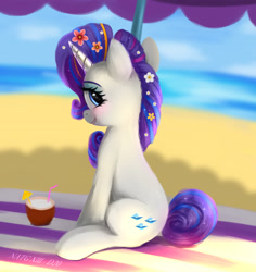 Size: 2048x2168 | Tagged: safe, artist:darksly, imported from derpibooru, rarity, pony, unicorn, atg 2023, beach, beach blanket, beach umbrella, blushing, cocktail umbrella, coconut cup, cute, drinking straw, female, flower, flower in hair, high res, horn, looking at you, looking back, looking back at you, mare, newbie artist training grounds, ocean, outdoors, raribetes, sitting, smiling, smiling at you, solo, tail, water