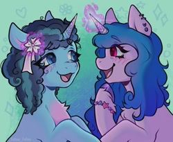 Size: 740x608 | Tagged: safe, artist:fellow_feline, imported from derpibooru, izzy moonbow, pony, unicorn, abstract background, accessory, blushing, duo, female, g5, glowing, glowing horn, horn, lesbian, looking at each other, looking at someone, mare, misty brightdawn, mizzy, shipping