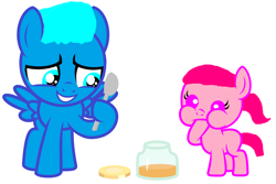 Size: 2668x1784 | Tagged: safe, artist:memeartboi, imported from derpibooru, earth pony, pegasus, pony, anais watterson, baby, baby pony, brother and sister, colt, cute, duo, duo male and female, family, female, filly, foal, food, gumball watterson, happy, male, peanut butter, ponified, sibling, sibling bonding, sibling love, siblings, simple background, sister, smiling, spoon, the amazing world of gumball, white background