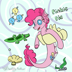Size: 1450x1450 | Tagged: safe, artist:destiny_manticor, imported from derpibooru, pinkie pie, alligator, merpony, pony, abstract background, barrette, doll, female, hand, mare, mermay, open mouth, plushie, seashell, toy