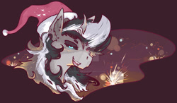 Size: 1280x749 | Tagged: safe, artist:elliemore-casp, imported from derpibooru, oc, oc only, oc:loona, pony, unicorn, black sclera, bust, christmas, ear fluff, female, hat, holiday, horn, mare, santa hat, solo, watermark