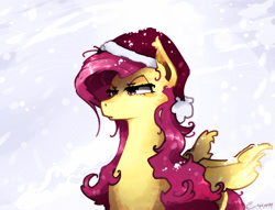 Size: 1093x836 | Tagged: safe, artist:elliemore-casp, imported from derpibooru, fluttershy, bat pony, pony, bat ponified, christmas, ear tufts, female, flutterbat, hat, holiday, mare, race swap, santa hat, snow, snowfall, solo