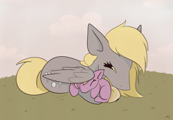 Size: 3558x2460 | Tagged: safe, artist:tkshoelace, imported from derpibooru, derpy hooves, dinky hooves, pegasus, pony, unicorn, cloud, cuddling, duo, duo female, equestria's best mother, female, grass, horn, mother and child, mother and daughter, sleeping