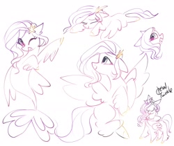 Size: 2048x1726 | Tagged: safe, artist:petaltwinkle, imported from derpibooru, pipp petals, pegasus, sea pony, eye clipping through hair, eyelashes, eyes closed, flying, folded wings, g5, headpiece, leg fluff, long mane, long tail, looking at you, lying down, monochrome, one eye closed, open mouth, open smile, prone, race swap, raised hoof, signature, simple background, sleeping, smiling, smiling at you, solo, sploot, spread wings, standing, tail, wavy mane, wavy tail, white background, wings, wink