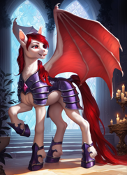 Size: 1024x1408 | Tagged: safe, imported from derpibooru, oc, oc only, bat pony, pony, ai content, ai generated, armor, bat wings, fangs, female, generator:pony diffusion v6 xl, generator:stable diffusion, guard, mare, prompter:star-dragon, solo, wings