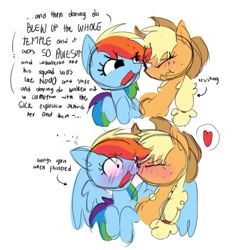 Size: 1137x1217 | Tagged: safe, artist:appledash3r_, imported from derpibooru, applejack, rainbow dash, earth pony, pegasus, pony, ..., 2 panel comic, appledash, applejack's hat, blonde mane, blue coat, blushing, cheek kiss, colored sketch, comic, cowboy hat, dialogue, duo, duo female, eyelashes, female, flustered, freckles, hat, information dump, information dumping, kissing, lesbian, long mane, looking at each other, looking at someone, mare, multicolored hair, multicolored mane, narrowed eyes, no catchlights, nose wrinkle, one eye closed, open mouth, open smile, orange coat, ponytail, rainbow hair, raised hooves, scrunchy face, shipping, shrunken pupils, sketch, smiling, smiling at someone, speech bubble, spread wings, talking, text, tied mane, wingboner, wings