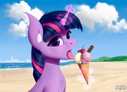 Size: 4600x3333 | Tagged: safe, artist:mricantdraw, imported from derpibooru, twilight sparkle, pony, unicorn, beach, chest fluff, cloud, ear fluff, eyebrows, eyebrows visible through hair, female, food, glowing, glowing horn, high res, horn, ice cream, ice cream cone, levitation, looking at you, magic, magic aura, mare, ocean, open mouth, outdoors, sky, solo, telekinesis, tongue out, unicorn twilight, water
