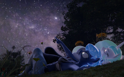 Size: 1920x1200 | Tagged: safe, artist:rinny, imported from derpibooru, princess celestia, princess luna, alicorn, anthro, 3d, blue coat, dutch angle, ethereal mane, female, horn, lying down, multicolored hair, night, on back, outdoors, siblings, sisters, stargazing, starry mane, stars, unicorn horn, white coat