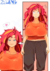 Size: 1400x2000 | Tagged: safe, artist:sozglitch, imported from derpibooru, sunset shimmer, human, big breasts, breasts, busty sunset shimmer, clothes, huge breasts, humanized, lidded eyes, looking at you, pajamas, smiling, smiling at you, surprised, wide hips
