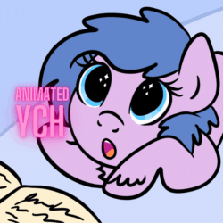 Size: 1080x1080 | Tagged: safe, artist:lannielona, imported from derpibooru, oc, pony, advertisement, animated, bed, bedtime, bedtime story, commission, female, gif, looking up, mare, open mouth, solo, sparkly eyes, unshorn fetlocks, wingding eyes, your character here