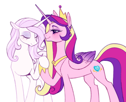 Size: 1050x851 | Tagged: safe, imported from derpibooru, fleur-de-lis, princess cadance, alicorn, pony, unicorn, beautiful, couple, eyes closed, female, fleurdance, horn, horns are touching, infidelity, lesbian, love, lovers, pretty, shipping, simple background, smiling, white background, white pony