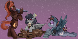 Size: 6295x3200 | Tagged: safe, artist:xx_girlscout_cookie_xx, imported from derpibooru, oc, oc only, oc:kometka, oc:quicksilver, oc:riot wind, pegasus, fanfic:iron hearts, amputee, amulet, chaos star, crossover, female, gun, heavy bolter, jewelry, laser gun, lasgun, pegasus oc, prosthetic leg, prosthetic limb, prosthetics, soldier pony, this will end in death, trio, trio female, warhammer (game), warhammer 40k, weapon, wing hold, wings