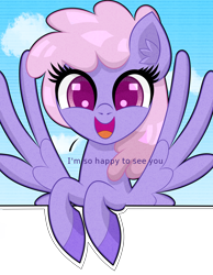 Size: 1550x2000 | Tagged: safe, artist:scandianon, imported from derpibooru, rainbowshine, pegasus, pony, cloud, female, happy, looking at you, mare, open mouth, open smile, sky, smiling, spread wings, talking, talking to viewer, wings