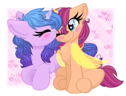 Size: 2834x2160 | Tagged: safe, artist:lbrcloud, imported from derpibooru, izzy moonbow, sunny starscout, alicorn, earth pony, pony, unicorn, blushing, cheek kiss, commission, duo, female, g5, heart, horn, kissing, lesbian, lying down, moonscout, prone, race swap, shipping, sitting, smiling, sunnycorn, ych example, your character here