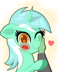 Size: 1600x2000 | Tagged: safe, artist:scandianon, imported from derpibooru, lyra heartstrings, oc, oc:anon, human, pony, unicorn, blushing, caress, female, floppy ears, heart, horn, human on pony petting, mare, one eye closed, petting, smiling