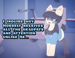 Size: 4096x3184 | Tagged: safe, artist:sodapop sprays, imported from derpibooru, oc, oc only, oc:t'trot, pony, blushing, caption, clothes, combadge, distressed, ear fluff, jealous, medbay, solo, star trek, star trek (tos), text, uniform, vulcan, vulcan pony
