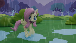 Size: 1920x1080 | Tagged: safe, edit, edited screencap, imported from derpibooru, screencap, fluttershy, pegasus, pony, my little pony: pony life, my little pony: stop motion short, cute, puddle, rain, smiling, solo