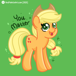 Size: 2000x2000 | Tagged: safe, artist:redpalette, imported from derpibooru, applejack, earth pony, pony, cute, female, mare, open mouth, open smile, positive ponies, smiling, text
