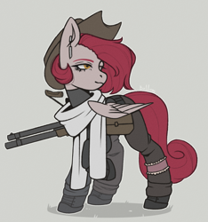Size: 2337x2500 | Tagged: safe, artist:bellumangeli, imported from derpibooru, oc, oc only, oc:red ashes, pegasus, pony, clothes, female, gray background, hat, looking back, pegasus oc, scarf, simple background, solo, weapon, wings, yellow eyes