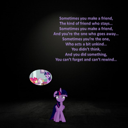 Size: 957x957 | Tagged: artist needed, safe, anonymous artist, artist:craftybrony, edit, edited screencap, imported from derpibooru, screencap, apple bloom, scootaloo, sweetie belle, twilight sparkle, alicorn, earth pony, pegasus, pony, unicorn, marks for effort, alternate scenario, apple bloom's bow, bow, crying, cutie mark crusaders, dark background, dialogue in the description, female, filly, floppy ears, foal, hair bow, horn, mare, song in the description, song reference, thomas and friends, thomas the tank engine