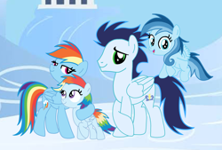 Size: 2856x1935 | Tagged: artist needed, safe, imported from derpibooru, rainbow dash, soarin', oc, oc:ragtag, oc:shooting star, pegasus, pony, female, filly, foal, male, mare, offspring, parent:rainbow dash, parent:soarin', parents:soarindash, screencap background, shipping, siblings, soarindash, stallion, straight, twins