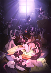 Size: 2067x2953 | Tagged: safe, artist:ramiras, imported from derpibooru, smarty pants, twilight sparkle, pony, unicorn, fanfic:twin twilights, apple, biting, book, carpet, clone, crepuscular rays, cute, eating, fanfic art, female, floppy ears, food, glowing, glowing horn, high res, horn, indoors, levitation, lying down, magic, magic aura, mare, multeity, nom, one eye closed, open mouth, prone, reading, sitting, smiling, sparkle sparkle sparkle, tail, tail bite, telekinesis, twiabetes, unicorn twilight, window