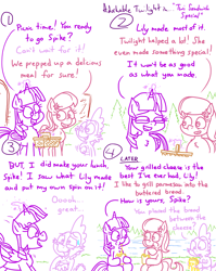 Size: 4779x6013 | Tagged: safe, artist:adorkabletwilightandfriends, imported from derpibooru, cheese sandwich, lily, lily valley, spike, twilight sparkle, alicorn, comic:adorkable twilight and friends, adorkable, adorkable twilight, basket, cheese, comic, confused, cute, dork, dripping, eating, excited, excitement, food, happy, nervous, outdoors, picnic, picnic basket, river, sitting, slice of life, smiling, twilight sparkle (alicorn), water