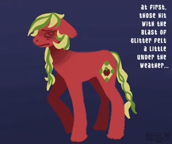 Size: 1560x1302 | Tagged: safe, artist:venus_ai_, imported from derpibooru, part of a set, applejack (g3), earth pony, pony, blue background, g3, infected, infection, infection au, mlp infection, raised leg, red coat, scared, sick, signature, simple background, tail, this will end in death, this will end in pain, this will end in tears, this will end in tears and/or death, this will not end well, two toned mane, two toned tail, worried