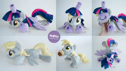 Size: 2800x1575 | Tagged: safe, artist:meplushyou, imported from derpibooru, derpy hooves, pegasus, pony, alicorn costume, clothes, costume, fake horn, fake wings, irl, lying down, nightmare night costume, photo, plushie, prone, sploot, toilet paper roll, toilet paper roll horn, twilight muffins, twilight sparkle costume, wig